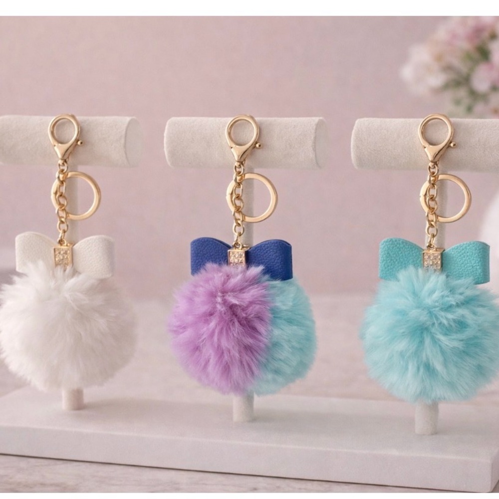 Fluffy Pom Pom Keychain with Bow PICK ONE
